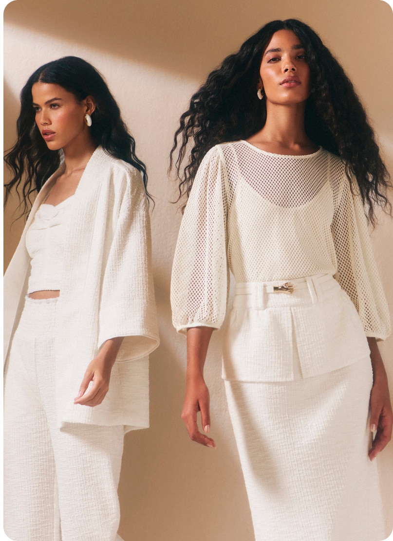 Modelos vestindo peças de alfaiataria da Collab Missinclof + Riachuelo